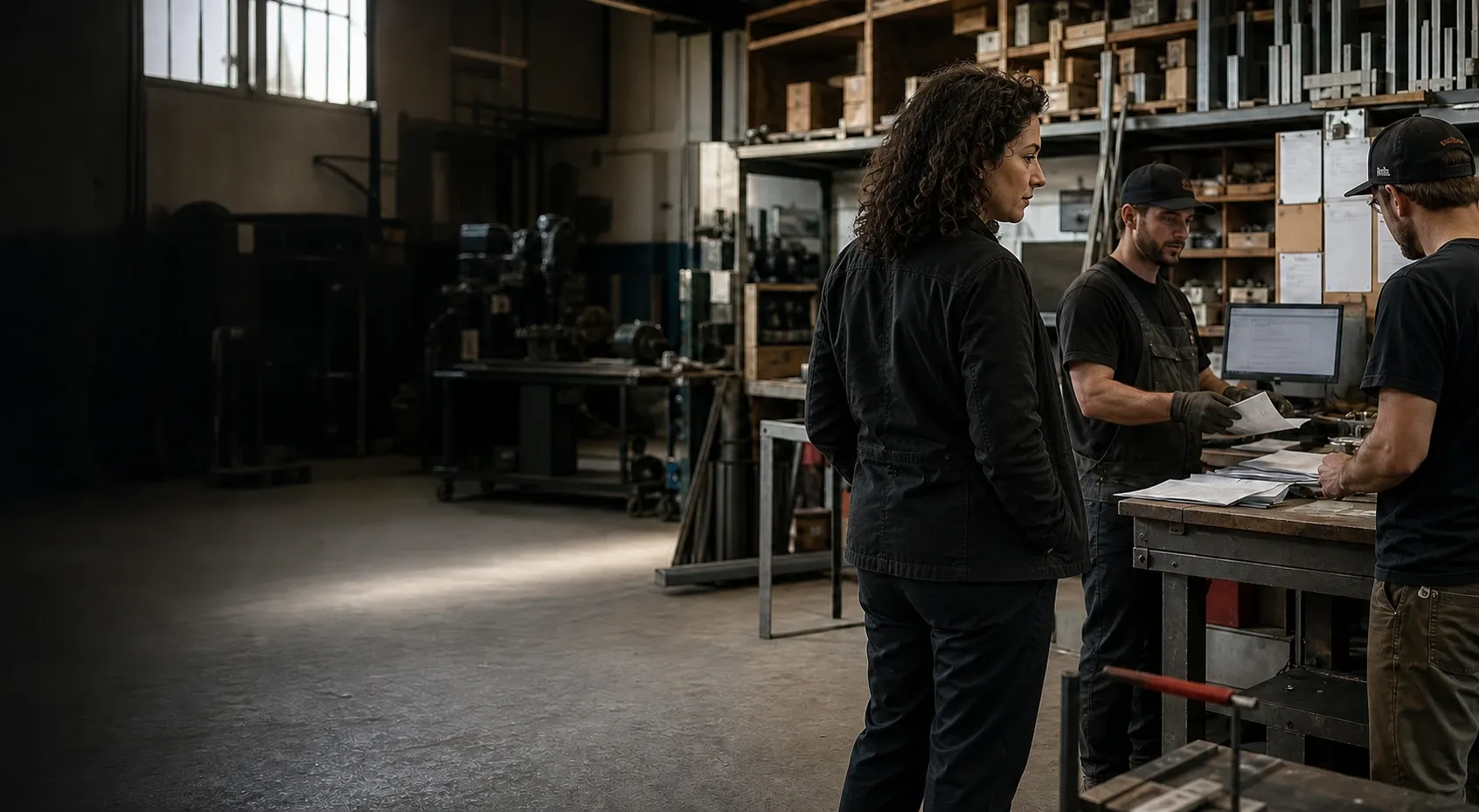 A founder observing a workshop team reviewing work orders beside a production bench