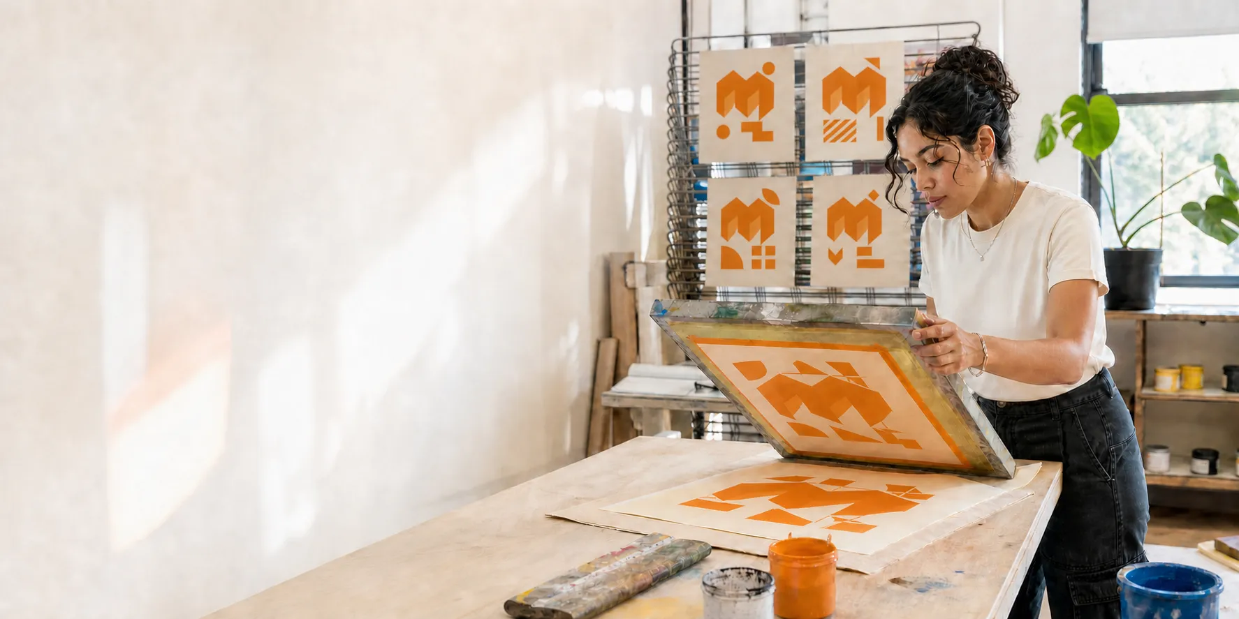 Young Latina screen printer creating an orange geometric print in a bright studio