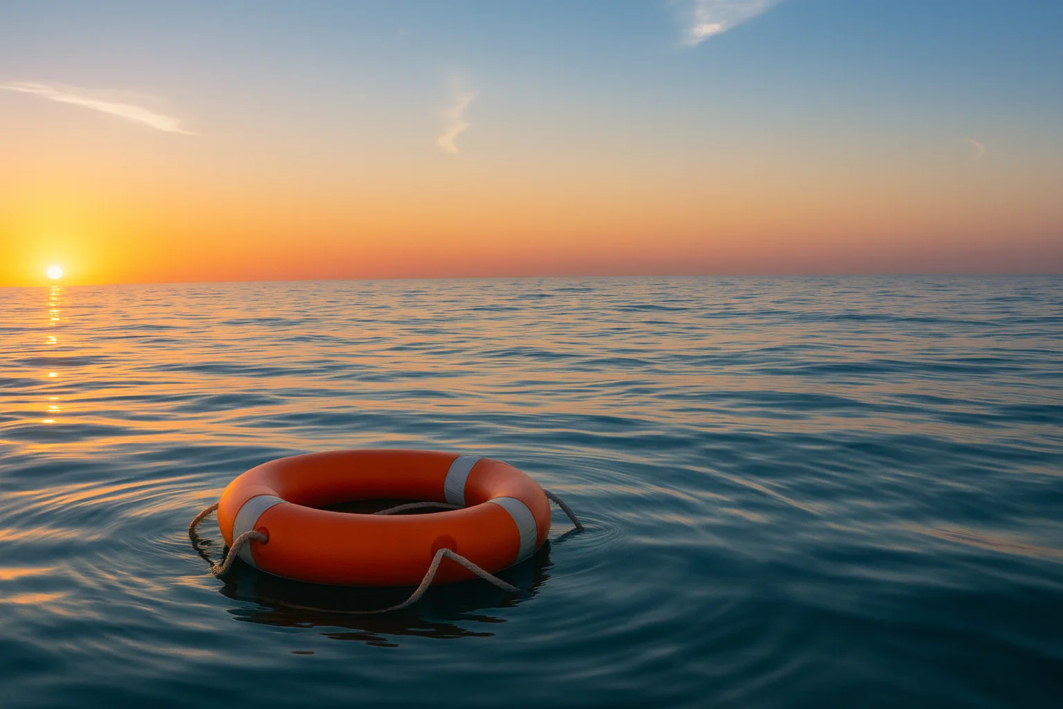 Life preserver floating on water at sunset